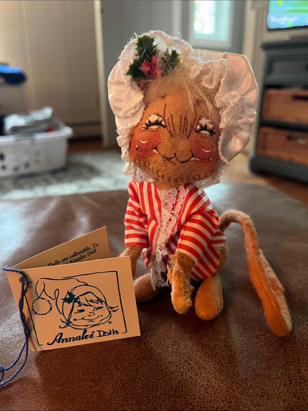 Annalee Orange Cat Doll in Red & White Striped Outfit with Lace Bonnet